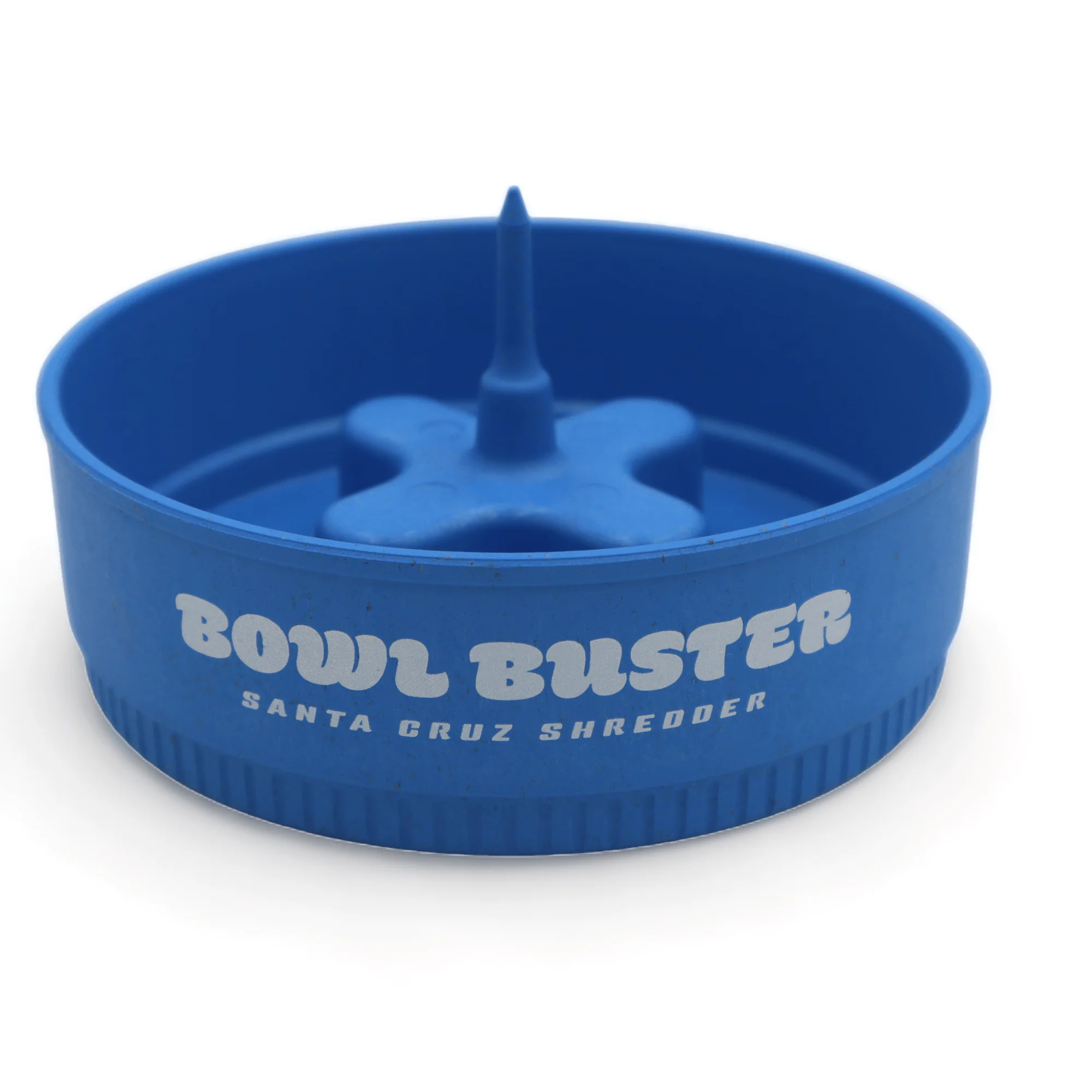 Cenicero Bowl Buster azul, visto en perspectiva, con saliente central puntiagudo y las inscripciones Bowl Buster y Santa Cruz Shredder.