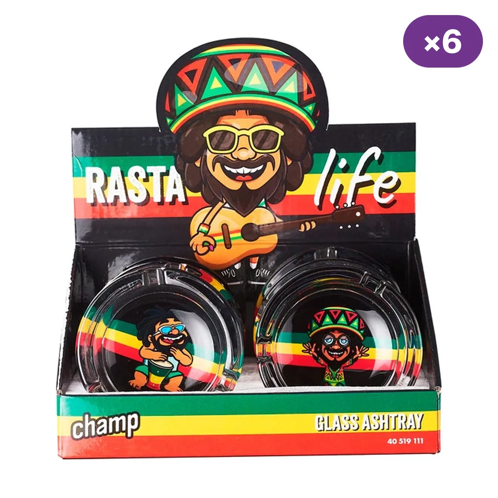 Expositor de ceniceros de cristal Champ con distintos dibujos de personajes rastas, franjas verdes, amarillas y rojas y distintivo de 6 unidades.