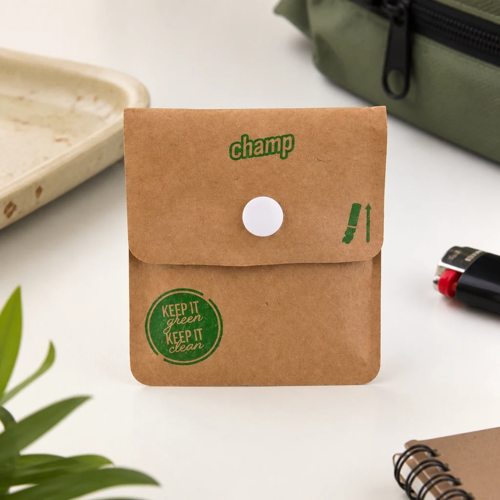 Cenicero de bolsillo cerrado, marrón con cierre circular blanco y textos verdes «champ» y «KEEP IT green KEEP IT clean», sobre una mesa.