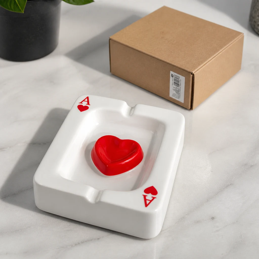 Cenicero blanco rectangular con motivos de as de corazones y corazón rojo en relieve en el centro, junto a una caja de cartón.