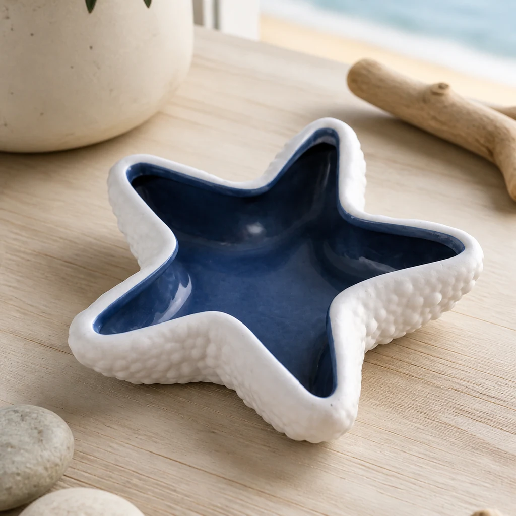 Cenicero con forma de estrella de mar, exterior blanco rugoso e interior azul brillante, sobre una mesa de madera junto a piedras.