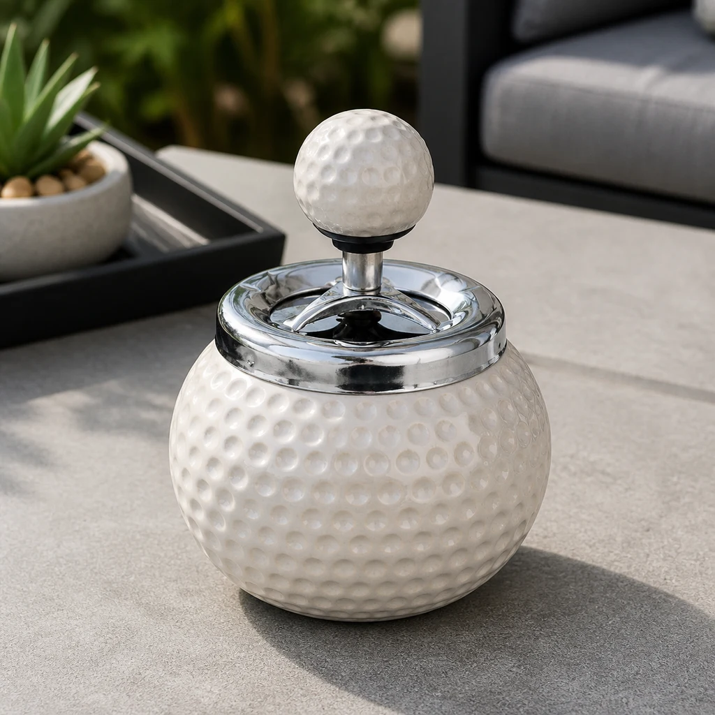 Cenicero blanco con relieve de bola de golf, borde plateado y pulsador esférico, sobre una mesa junto a una planta.