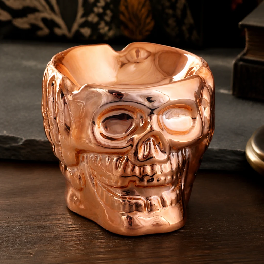 Cenicero con forma de calavera y acabado cobrizo brillante sobre una mesa de madera, con cavidad superior y muescas en el borde.