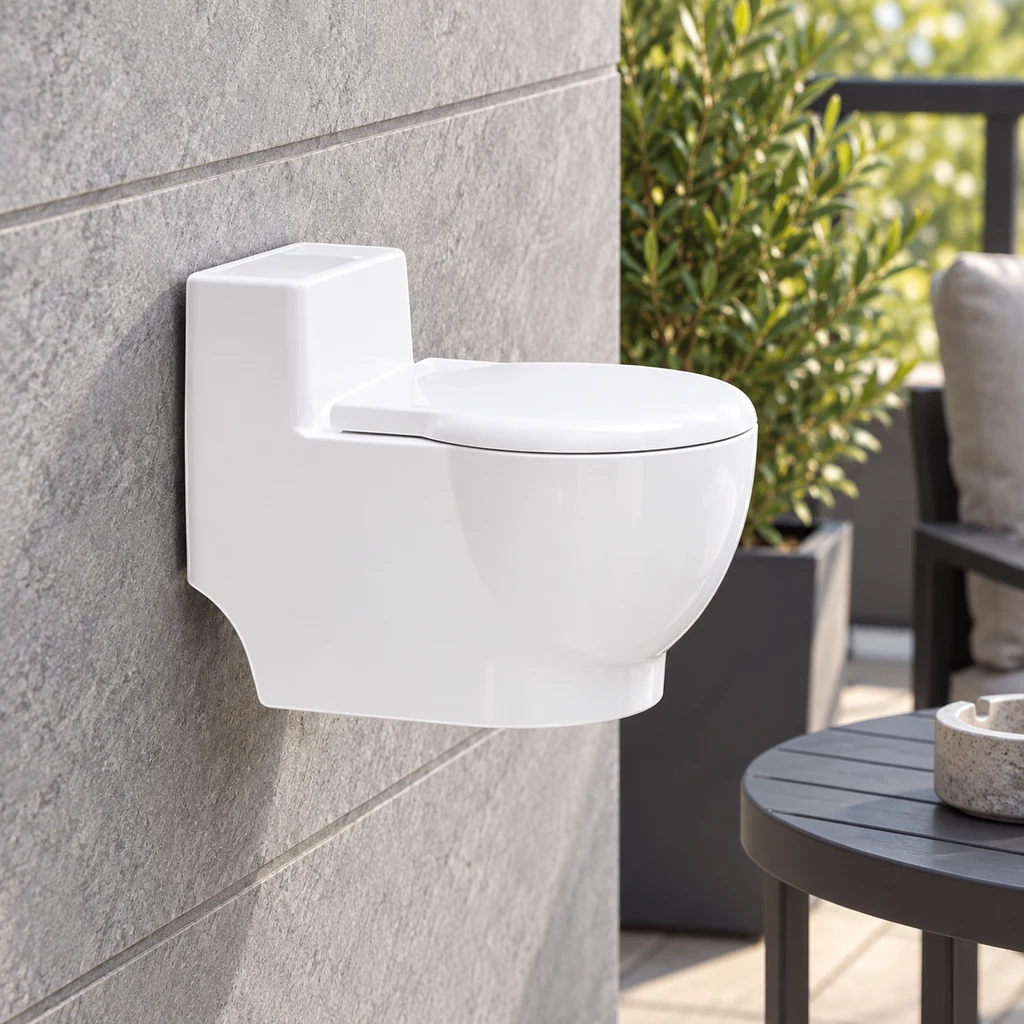 Cenicero blanco con forma de inodoro y tapa cerrada, fijado a una pared gris en una terraza con plantas y mobiliario.