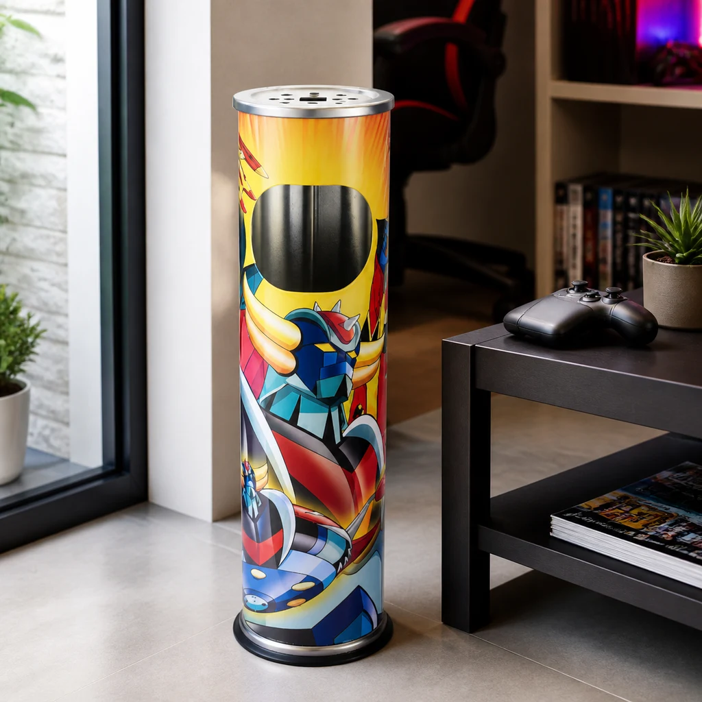 Cenicero vertical cilíndrico con ilustración de Goldorak, abertura frontal y bandeja superior perforada, junto a una mesa con mando de videojuegos.