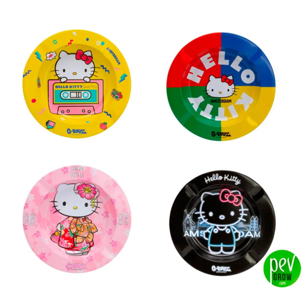 Selección de ceniceros Hello Kitty G-Rollz con diseños amarillo, multicolor, rosa y negro, vistos desde arriba sobre fondo blanco.