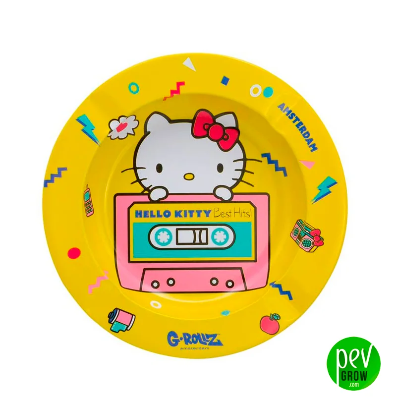 Cenicero amarillo Hello Kitty de G-Rollz, decorado con el personaje sobre un casete rosa y pequeños motivos multicolores.