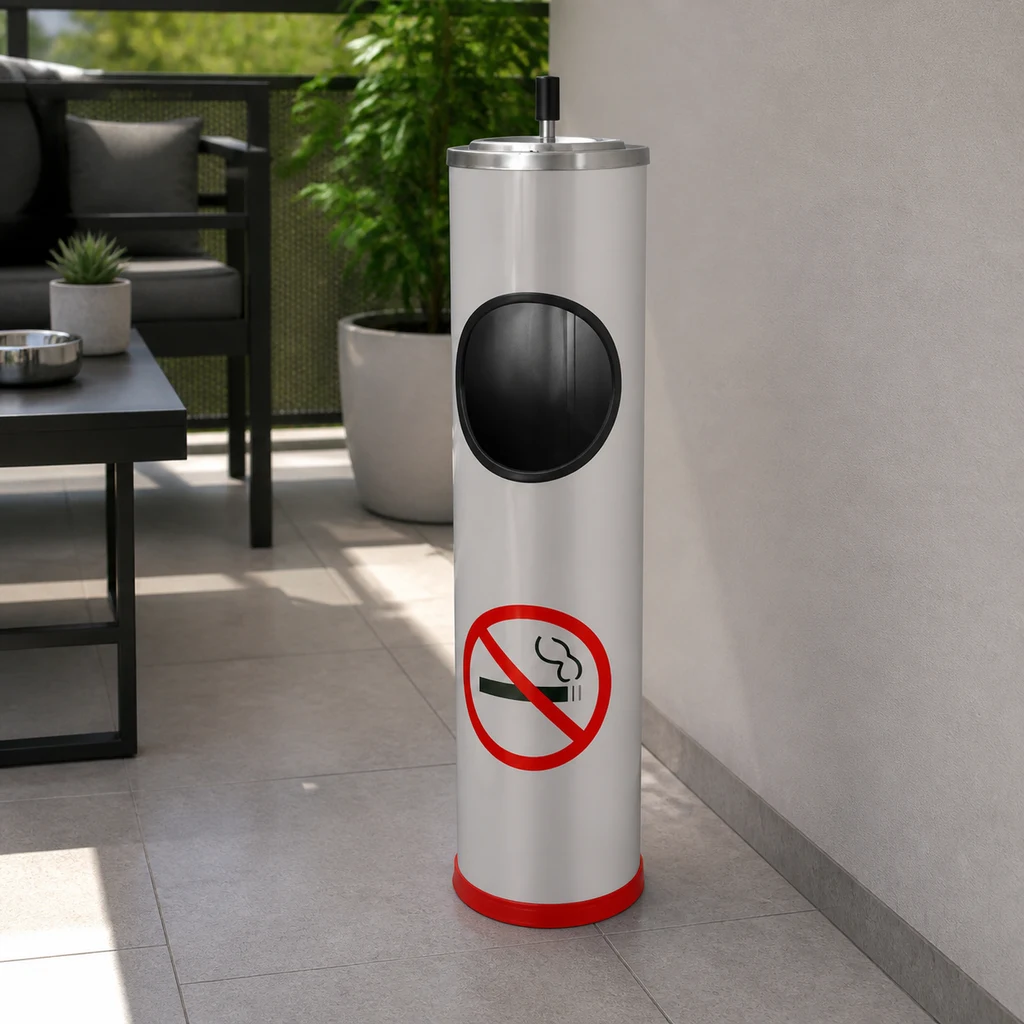 Cenicero de pie cilíndrico plateado con abertura negra, pulsador superior y símbolo de prohibido fumar, situado en una terraza.