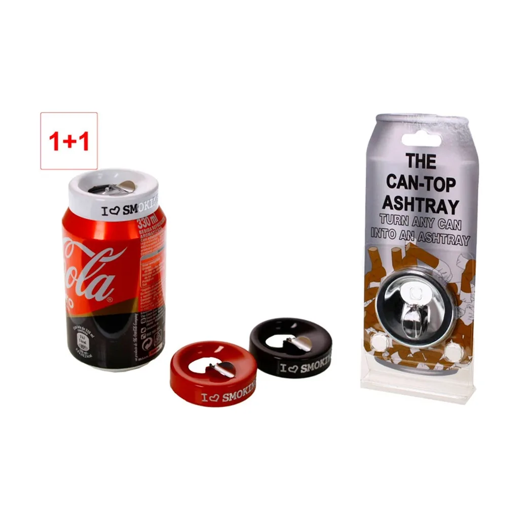 Ceniceros para latas en rojo, negro y blanco, uno colocado sobre una lata roja, junto a un envase expositor con texto explicativo.