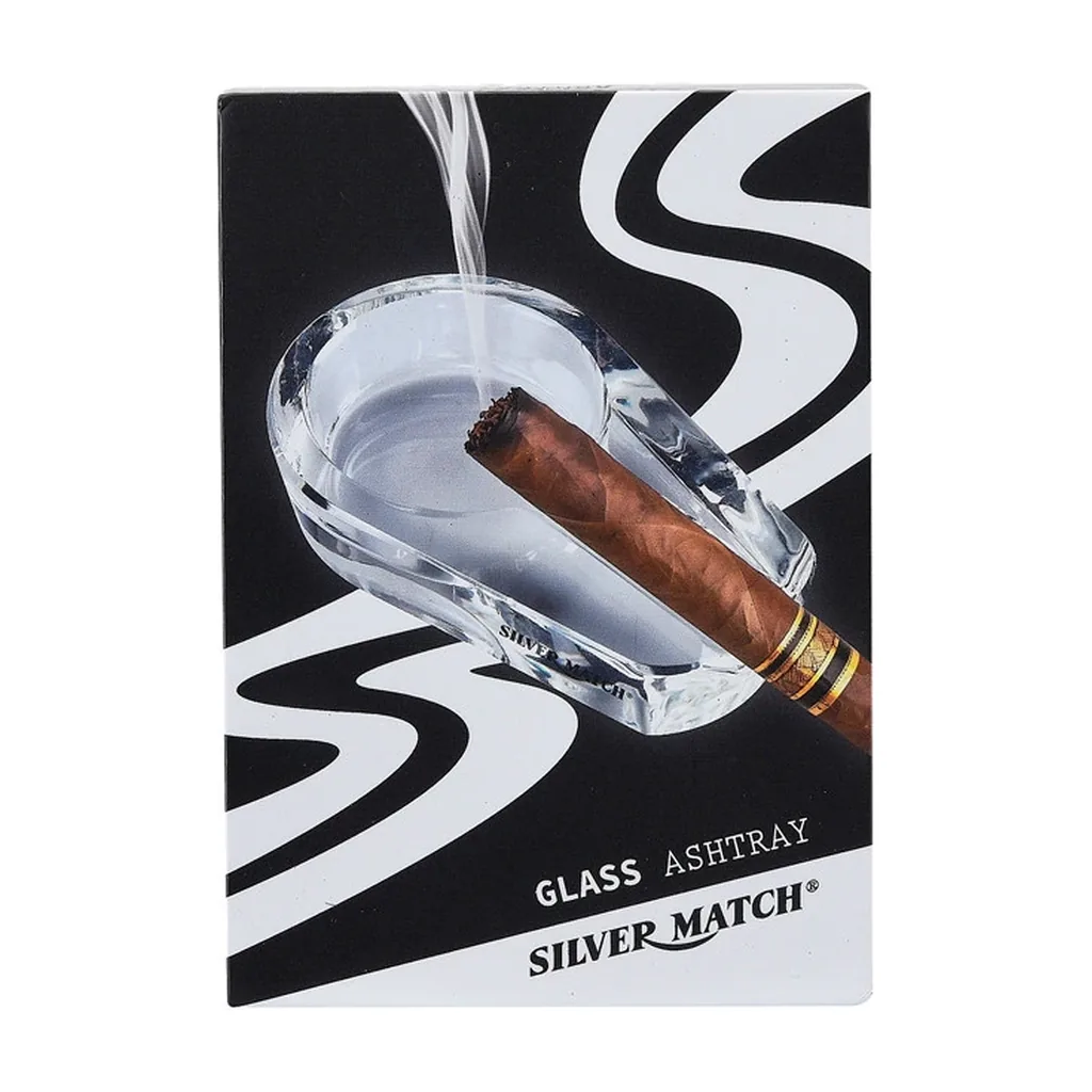 Caja de cenicero para puros Silver Match con diseño blanco y negro y una ilustración del cenicero transparente con un puro humeante.