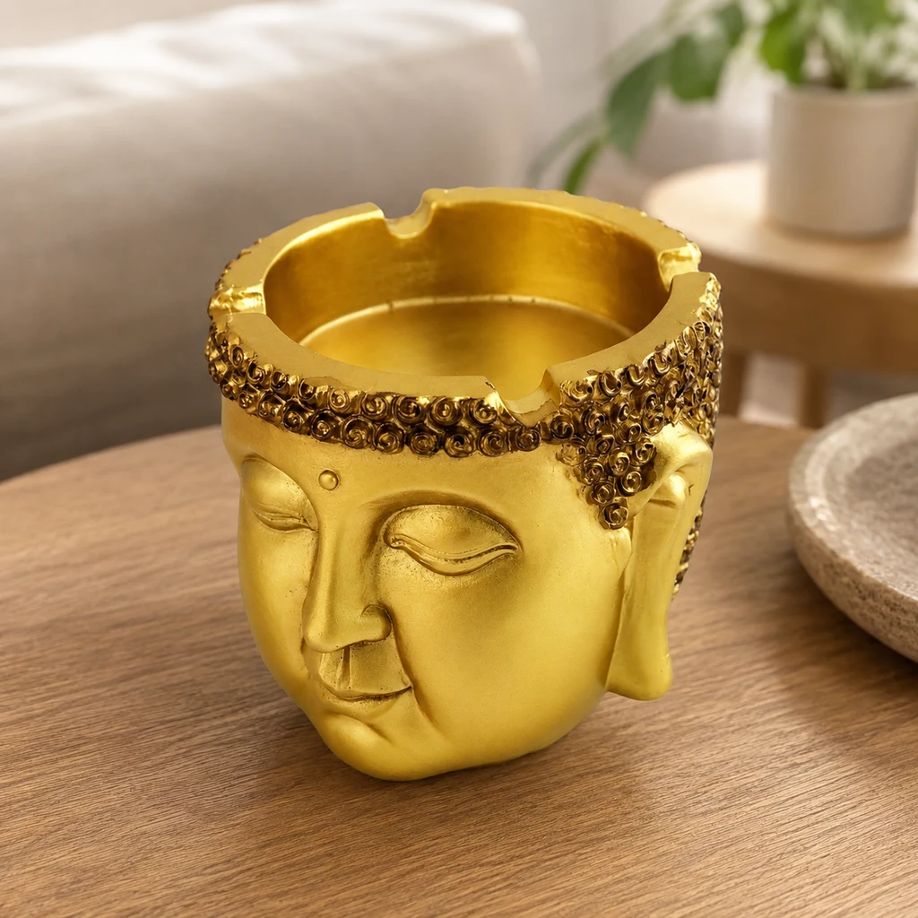 Cenicero dorado con rostro de Buda y muescas en el borde, sobre una mesa de madera en una escena generada.