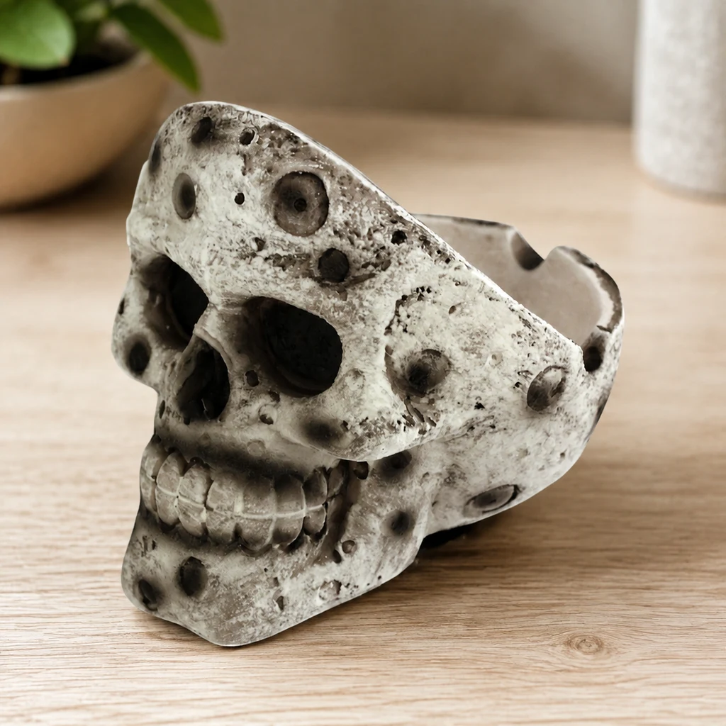 Cenicero con forma de calavera gris moteada, dientes marcados y recipiente abierto detrás, sobre una mesa de madera.
