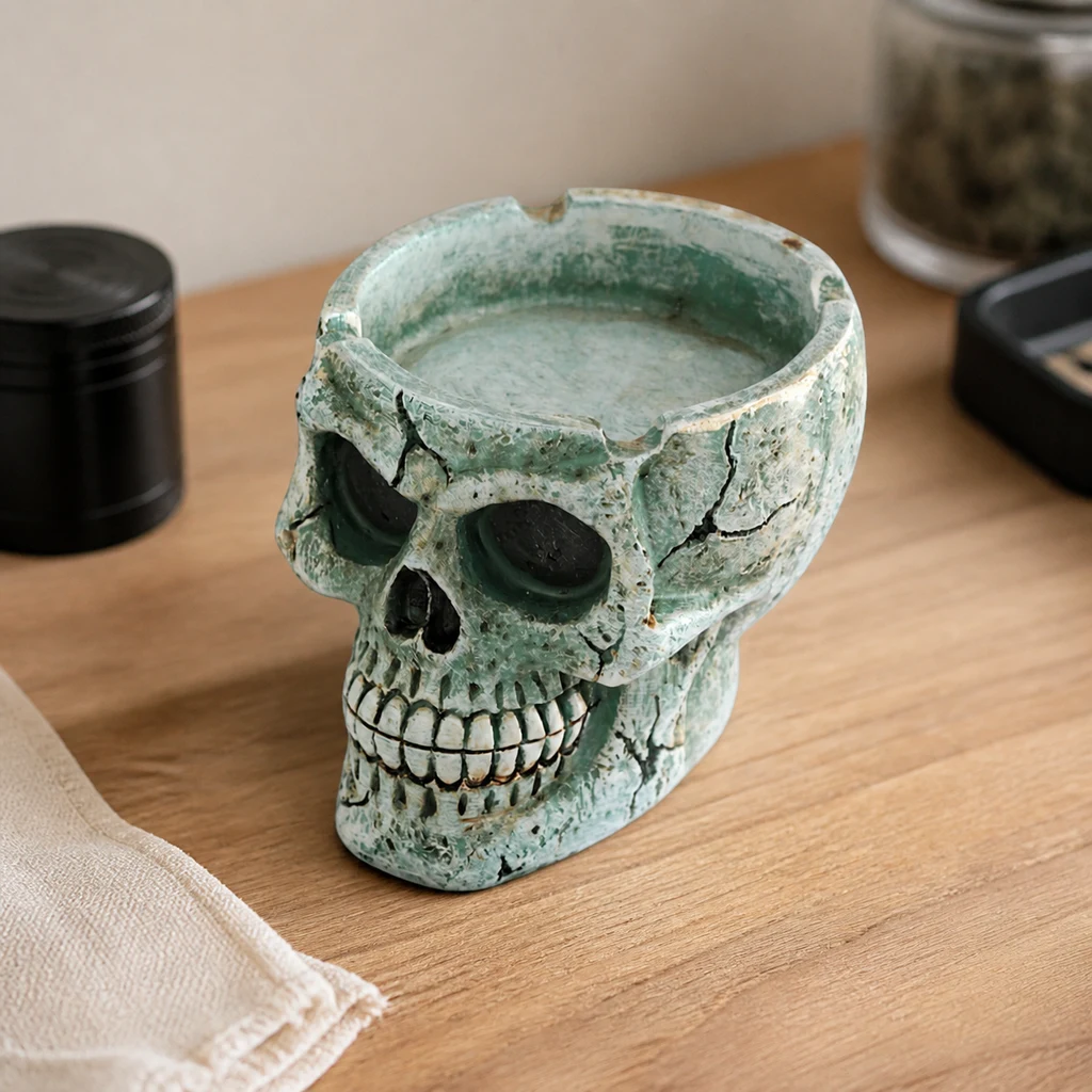 Cenicero verde con forma de calavera, acabado de aspecto agrietado y cuenco con muescas en la parte superior, sobre una mesa de madera.