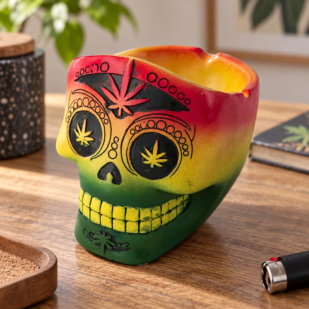 Cenicero con forma de calavera en rojo, amarillo y verde, decorado con hojas de cannabis, sobre una mesa de madera.
