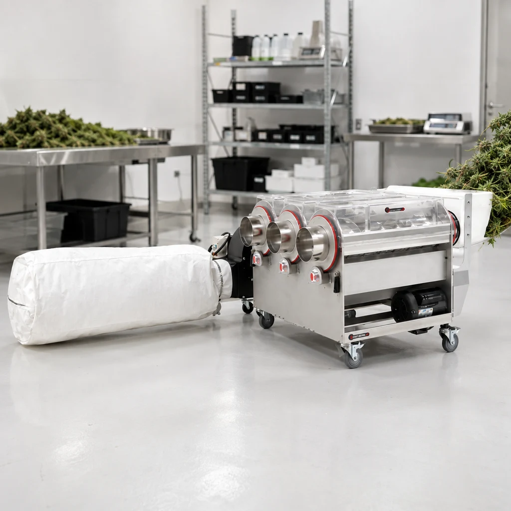 Trimmer CenturionPro 3.0 con cubierta transparente y ruedas, conectado a una bolsa blanca en una sala con mesas y ramas de cannabis. Trimmer CenturionPro 3.0 con cubierta transparente y ruedas, conectado a una bolsa blanca en una sala con mesas y ramas de cannabis.