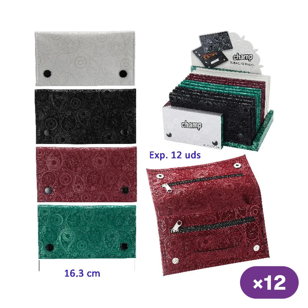 Bolsas Champ con motivos de mandala en blanco, negro, burdeos y verde; se muestran cerradas, en expositor y una abierta con cremalleras.