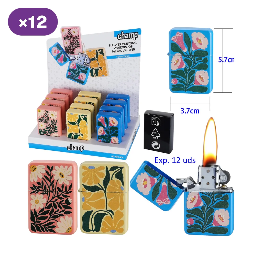 Encendedores Champ con diseños florales rosas, amarillos y azules, expositor marcado con 12 unidades y modelo azul abierto con llama. Encendedores Champ con diseños florales rosas, amarillos y azules, expositor marcado con 12 unidades y modelo azul abierto con llama.
