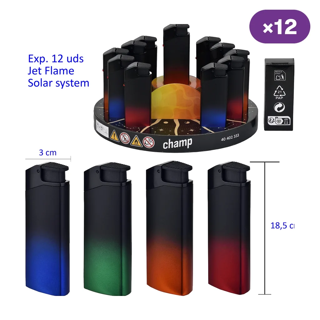 Encendedores Champ High Solar System en expositor de 12 y cuatro modelos negros con degradados azul, verde, naranja y rojo.