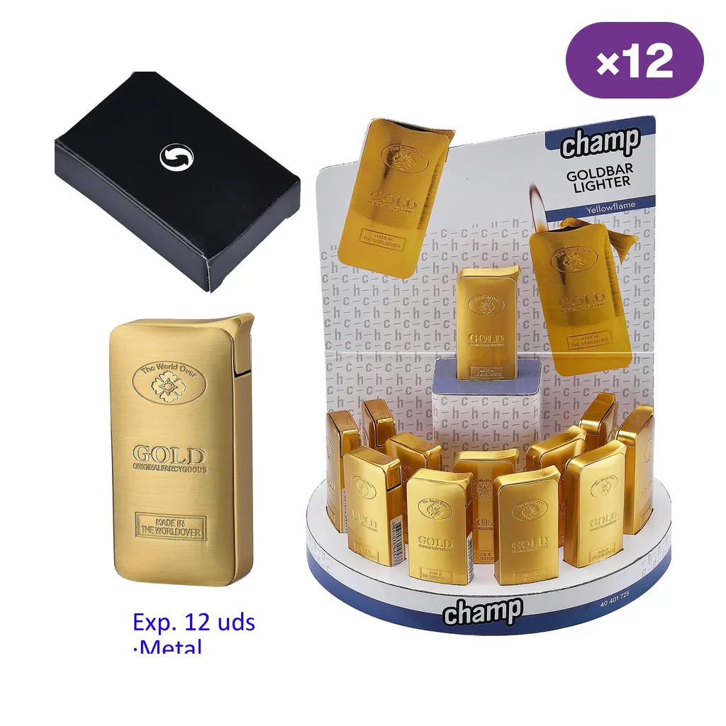 Encendedores dorados Champ con forma de lingote, mostrados en expositor, junto a una unidad ampliada y una caja negra; distintivo de 12 unidades.