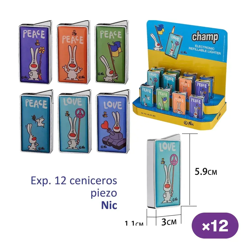 Selección de encendedores Champ Nic en varios colores, decorados con conejos y textos Peace y Love, junto a un expositor de 12 unidades.