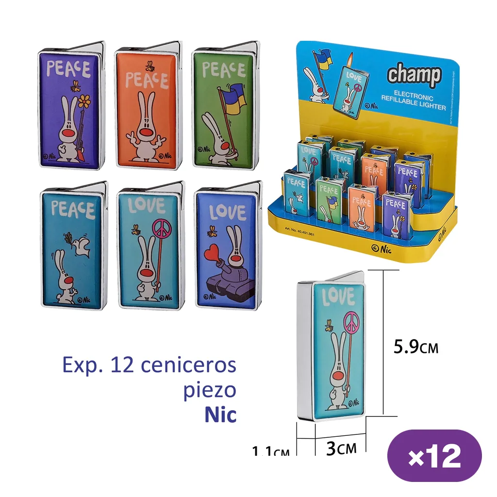 Selección de encendedores Champ Nic en varios colores, decorados con conejos y textos Peace y Love, junto a un expositor de 12 unidades.