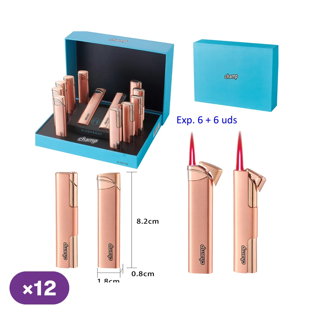 Encendedores Champ High Rose Gold en expositor turquesa, con vistas de frente y perfil y detalles abiertos con llama roja.