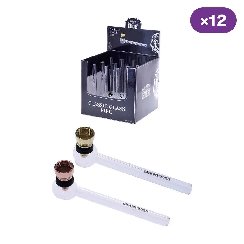 Pipas transparentes Champ High con cazoletas metálicas en distintos acabados, junto a un expositor y el distintivo de 12 unidades.