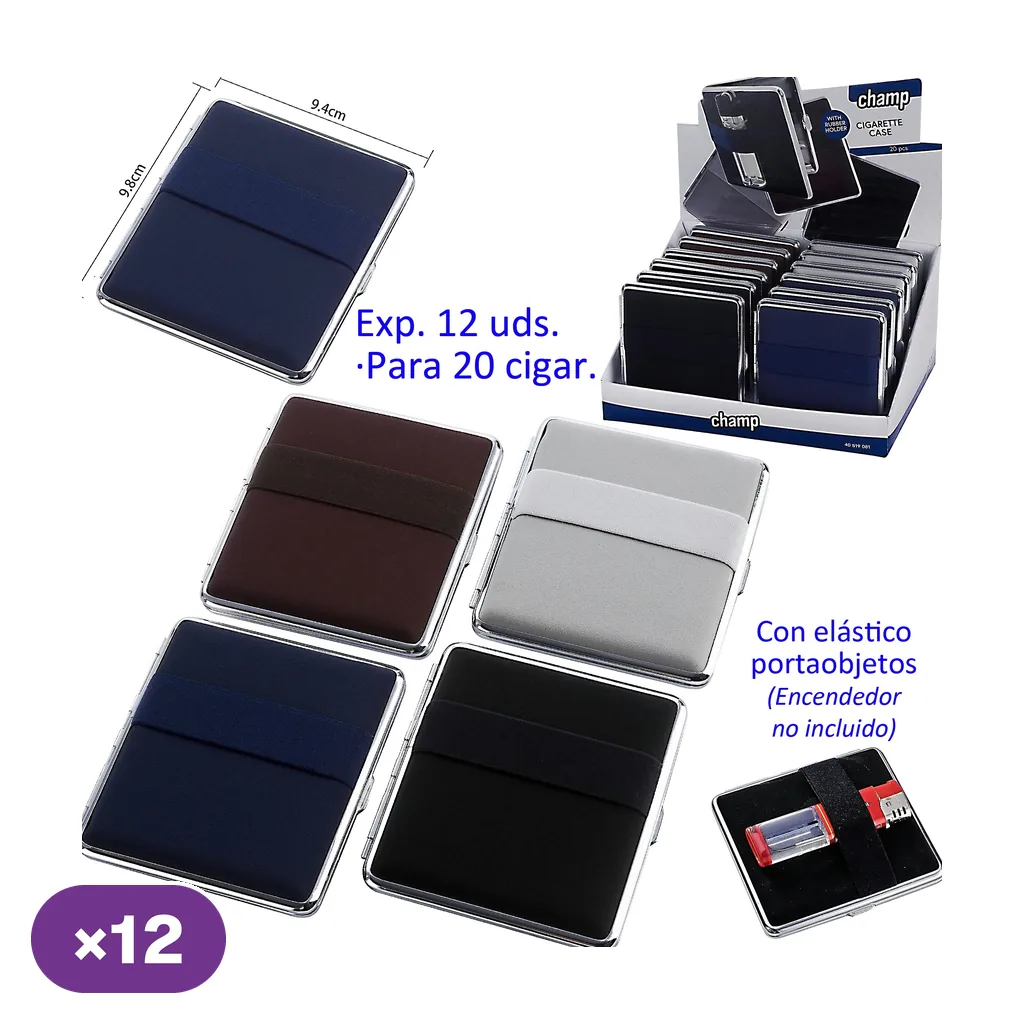 Selección de pitilleras Champ en azul oscuro, marrón, plateado y negro, con banda elástica exterior y expositor al fondo.