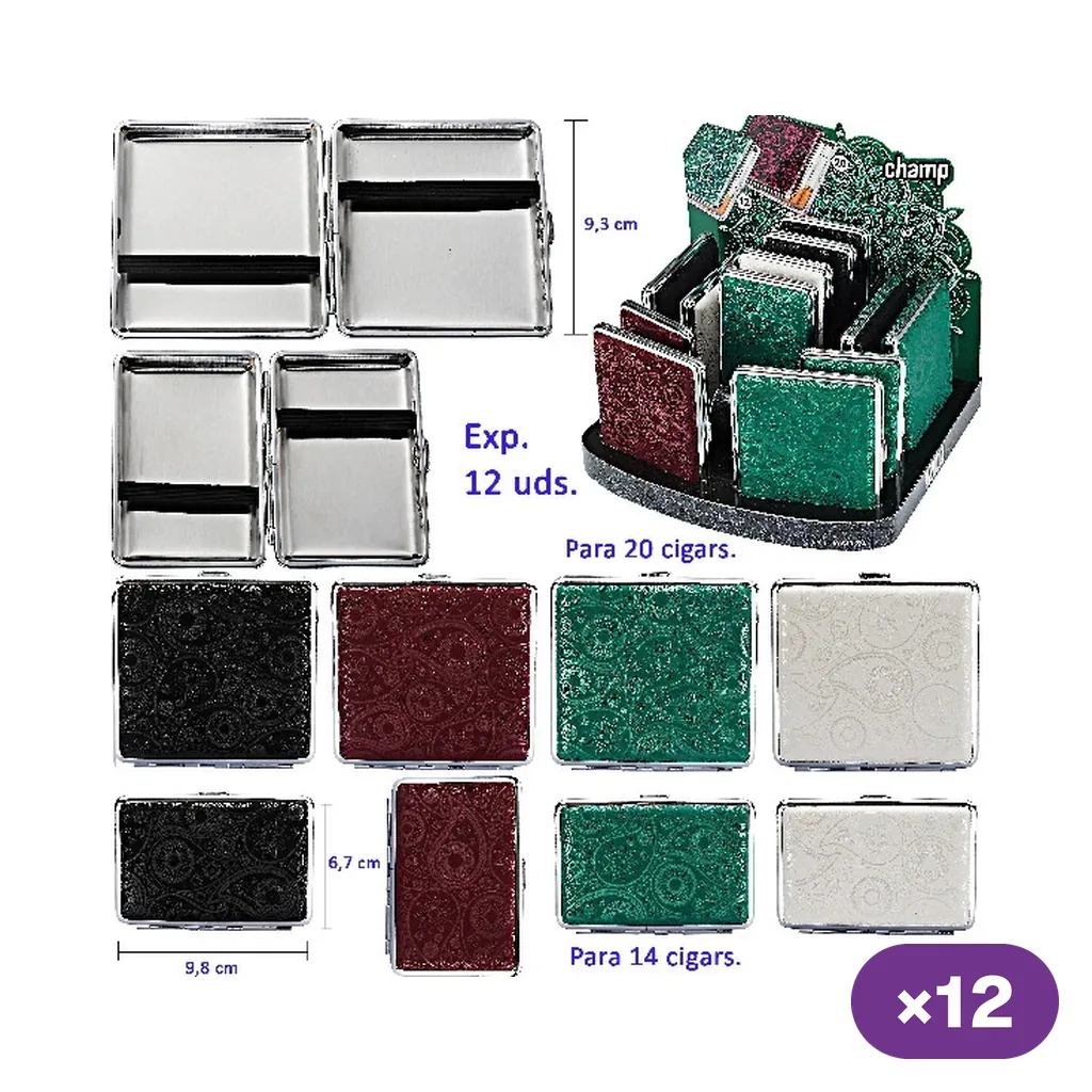 Selección de pitilleras Champ Mandala en negro, granate, verde y blanco, con formatos distintos, vistas abiertas y expositor. Selección de pitilleras Champ Mandala en negro, granate, verde y blanco, con formatos distintos, vistas abiertas y expositor.