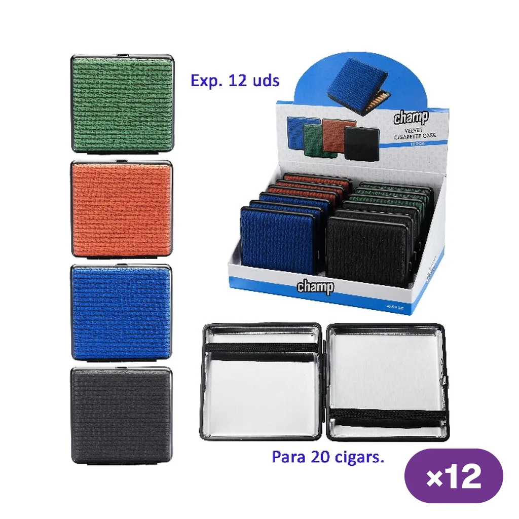 Pitilleras Champ High Velvet en verde, naranja, azul y negro, con expositor y vista abierta del interior con bandas de sujeción. Pitilleras Champ High Velvet en verde, naranja, azul y negro, con expositor y vista abierta del interior con bandas de sujeción.