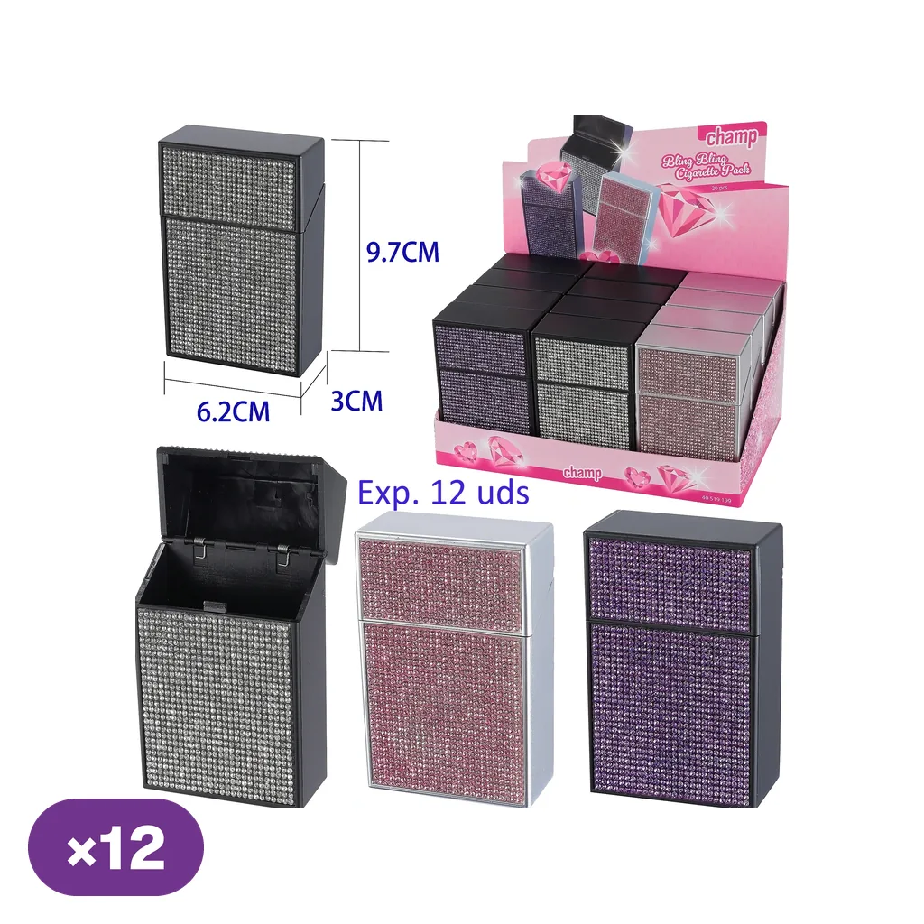 Tabaqueras Champ Bling Bling con detalles brillantes en plateado, rosa y violeta, una abierta y un expositor al fondo.