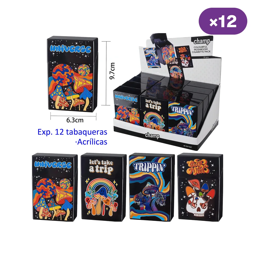 Selección de tabaqueras Champ con cuatro diseños de setas multicolores sobre negro, junto a un expositor marcado con 12 unidades.