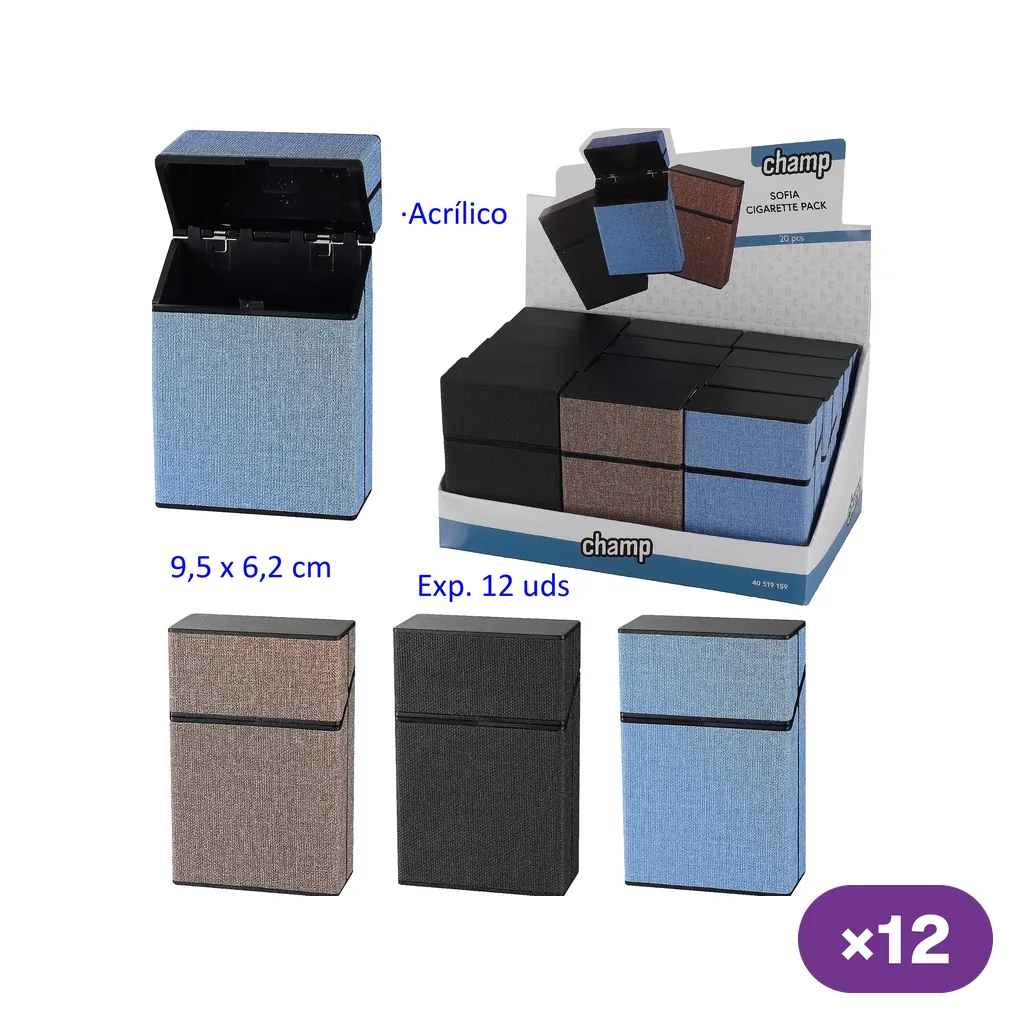 Tabaqueras Champ High Sofa en marrón, negro y azul, con modelos cerrados y uno abierto, junto a un expositor rotulado con 12 unidades.