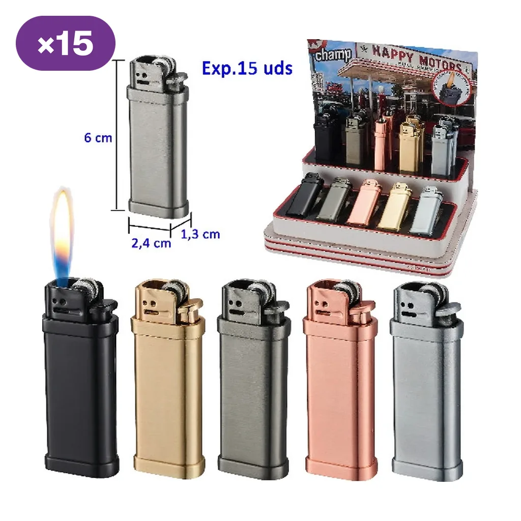 Selección de encendedores Champ High Jerrycan en negro, dorado, gris y cobre, con expositor de varias unidades y uno con llama.