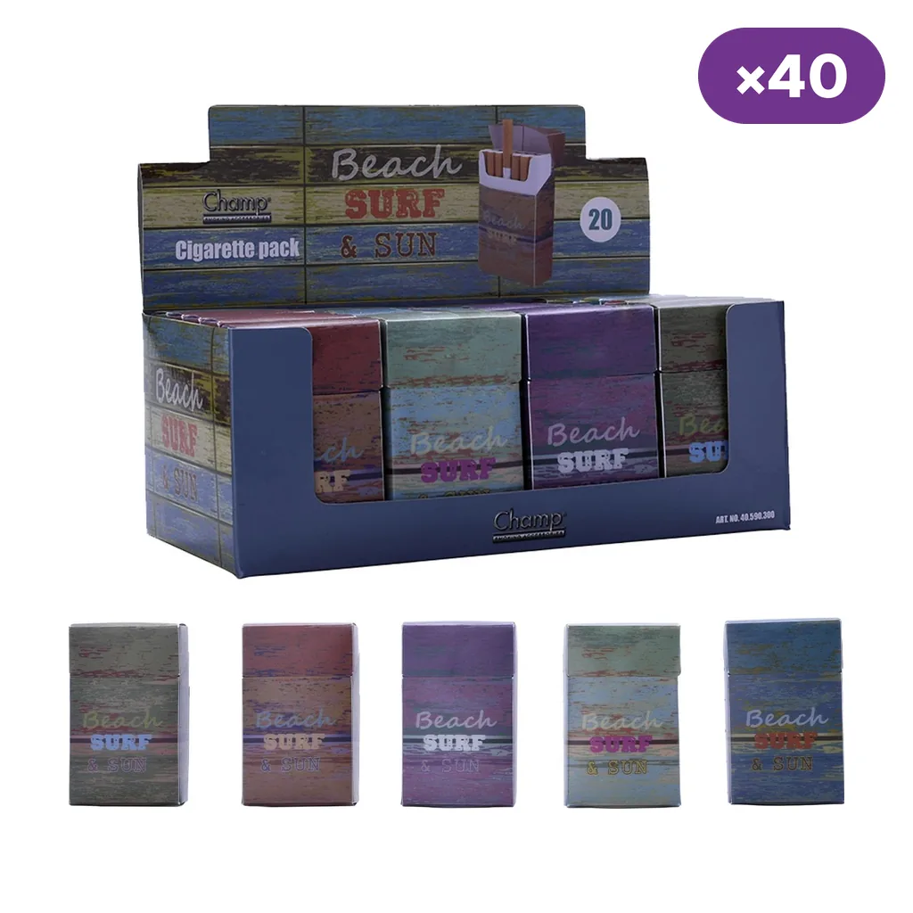 Expositor de tabaqueras Champ Beach con diseños de tablas de colores y texto «Beach Surf & Sun», con varios modelos delante y distintivo «×40».