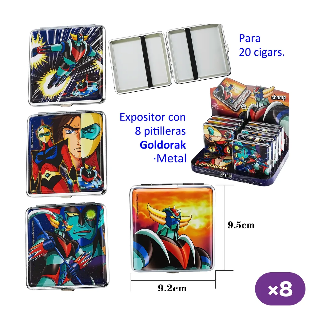 Selección de pitilleras metálicas Champ con ilustraciones de Goldorak, una vista abierta con bandas negras y expositor.