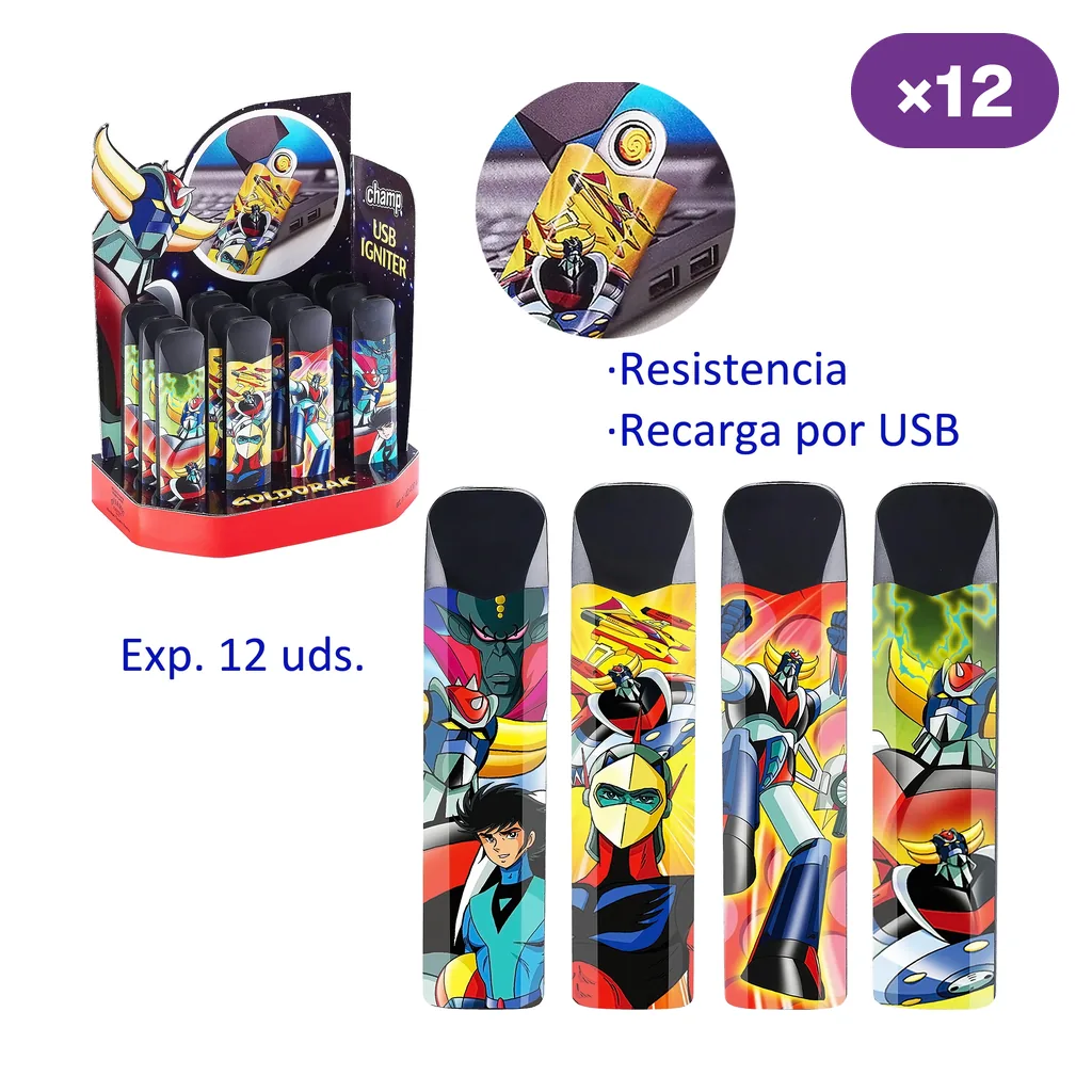 Encendedores Champ High Goldorak con distintos dibujos de robots, expositor y detalle de la conexión USB; indicación de 12 unidades. Encendedores Champ High Goldorak con distintos dibujos de robots, expositor y detalle de la conexión USB; indicación de 12 unidades.