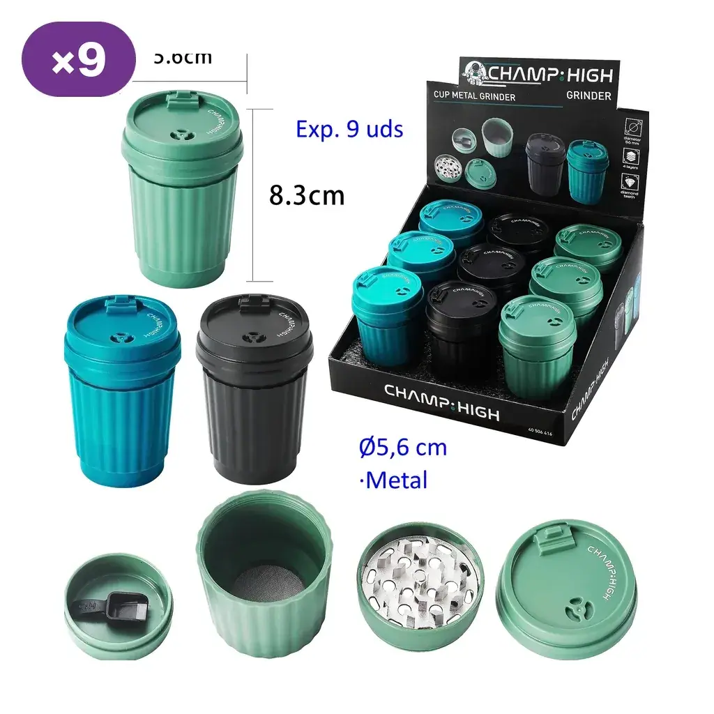 Grinders metálicos Champ High de 5,6 cm de diámetro con forma de vaso, en verde, turquesa y negro, con vistas de las piezas y expositor.