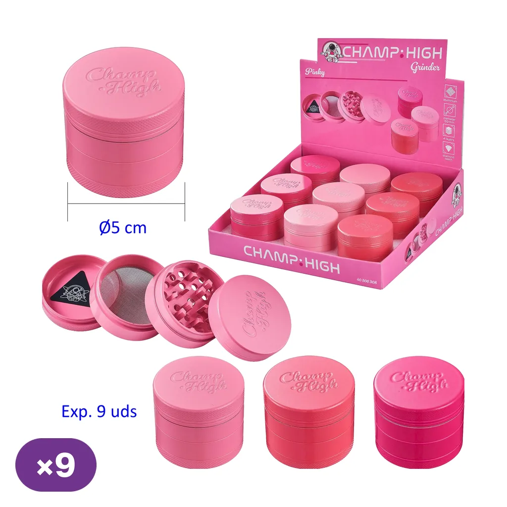 Grinders Champ High en distintos tonos rosas, con vistas cerradas y desmontadas que muestran dientes y tamiz, junto a una caja expositora.