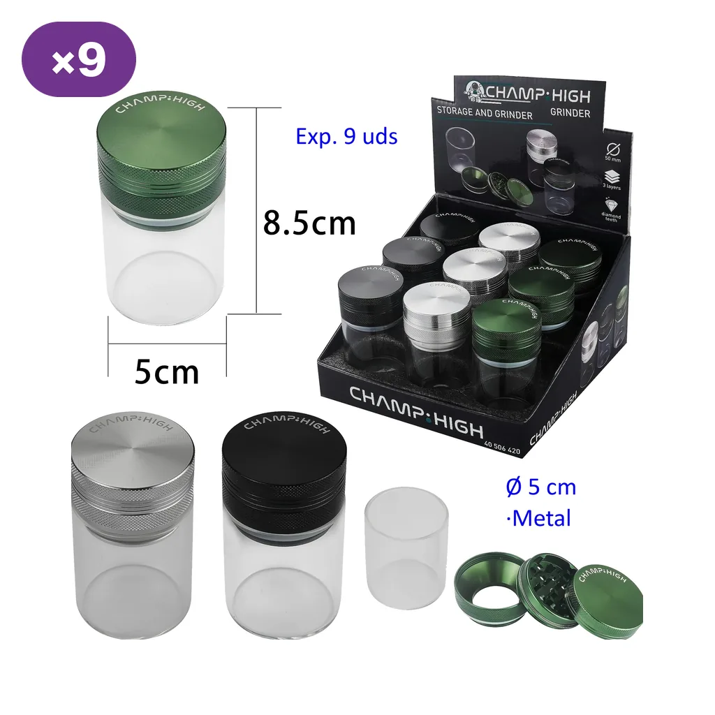 Grinders Champ High con depósito transparente y tapas verdes, negras o plateadas, mostrados montados, desmontados y en expositor con rótulo «×9».