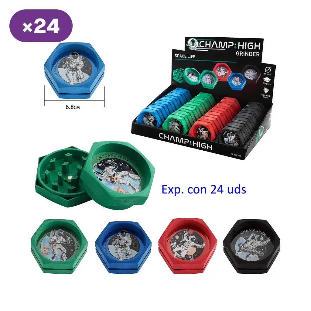 Grinders Champ High Space Life de 6,8 cm en verde, azul, rojo y negro, con motivos de astronautas, vista abierta y expositor.