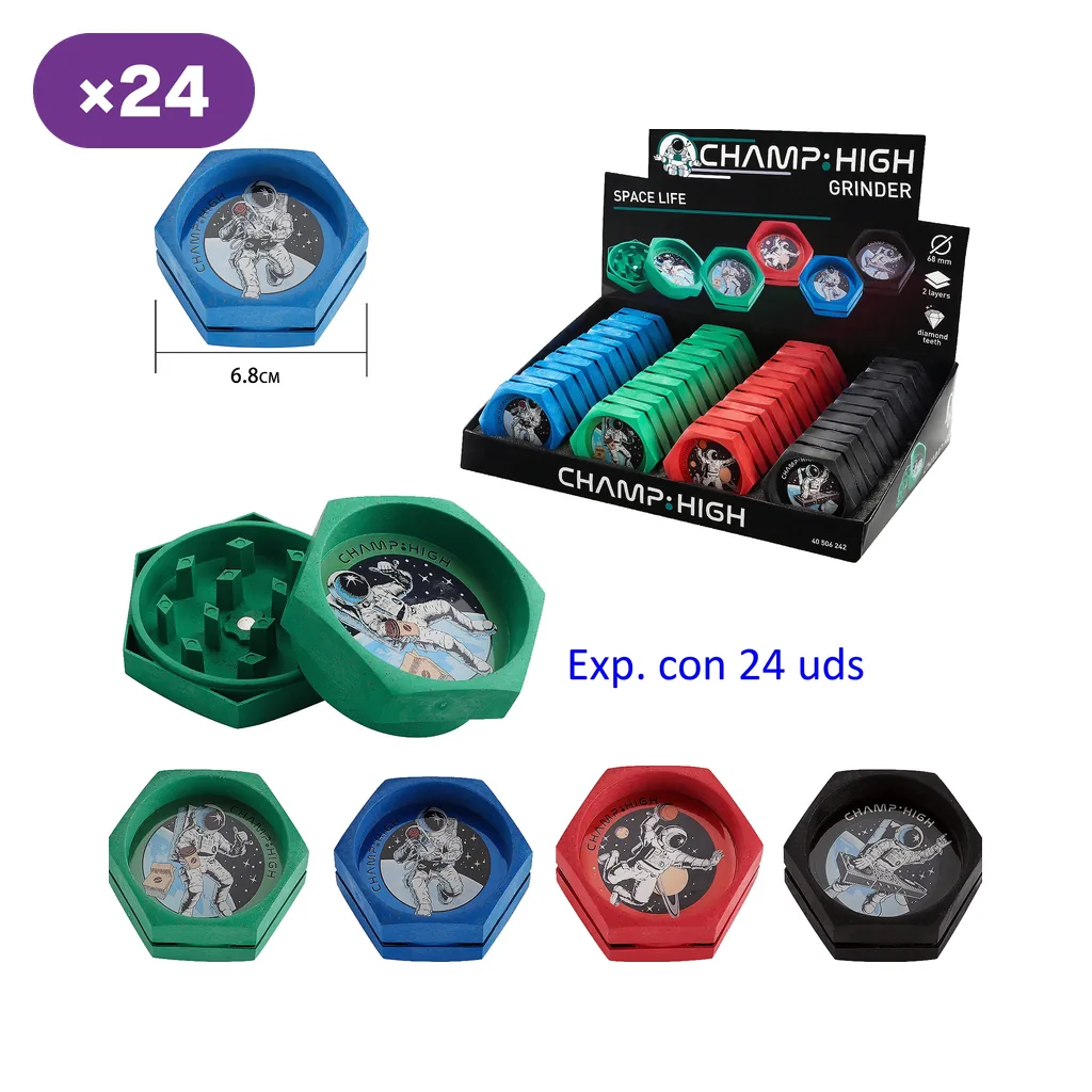 Grinders Champ High Space Life de 6,8 cm en verde, azul, rojo y negro, con motivos de astronautas, vista abierta y expositor.