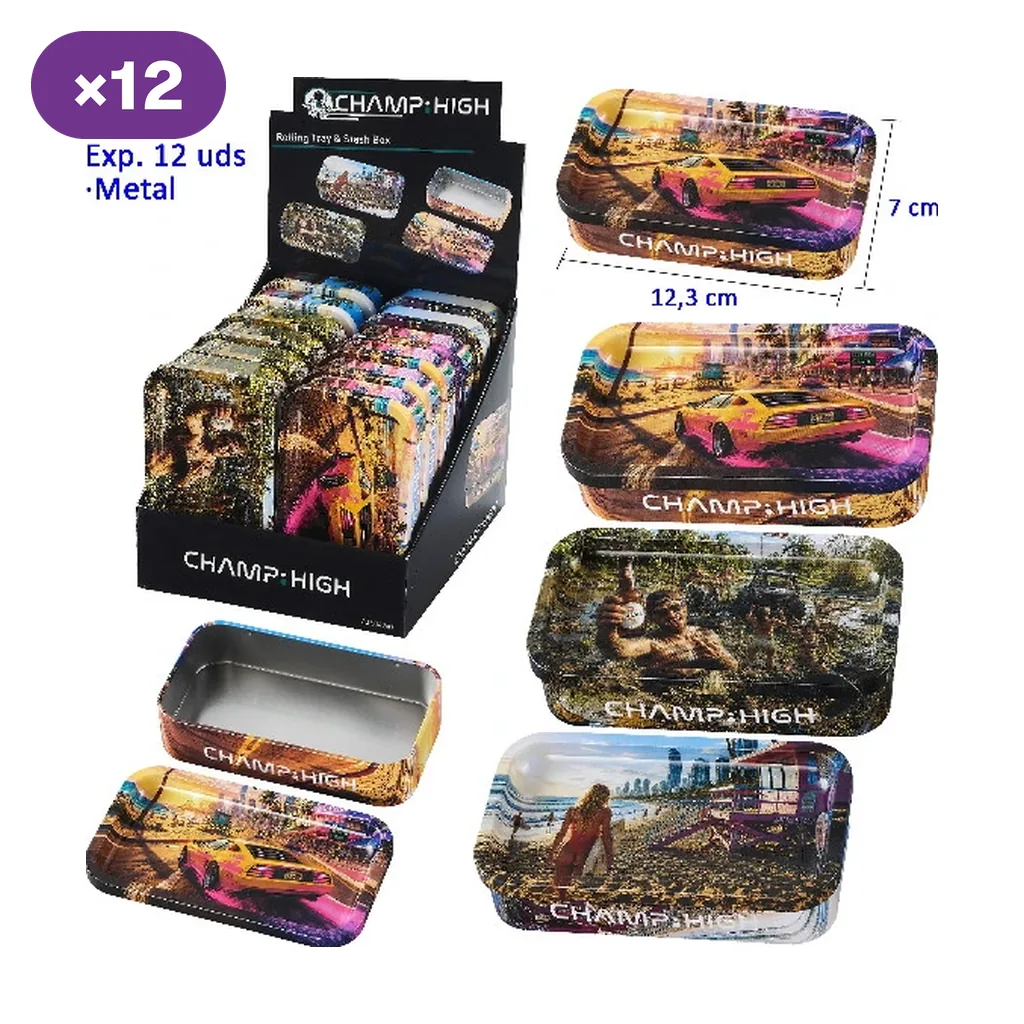 Expositor Champ High de 12 unidades y varias cajas con bandeja para liar, con diseños de coche, simio y playa; una caja aparece abierta. Expositor Champ High de 12 unidades y varias cajas con bandeja para liar, con diseños de coche, simio y playa; una caja aparece abierta.