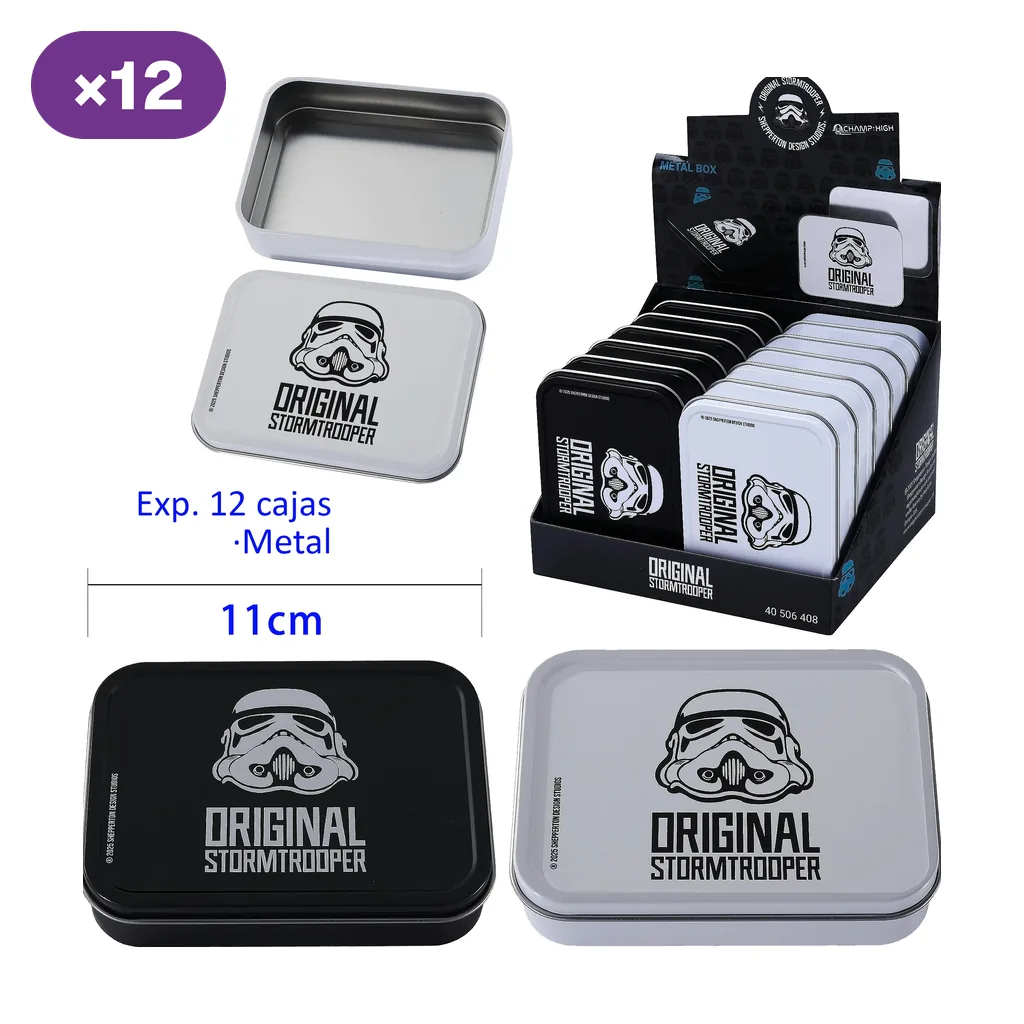 Cajas metálicas Original Stormtrooper en negro y plateado, con dibujo de casco; se muestran abiertas, cerradas y en expositor.