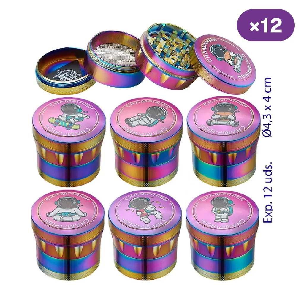 Grinders Champ High Rainbow de acabado multicolor y tapas rosas con distintos dibujos; uno aparece desmontado y se lee «×12».