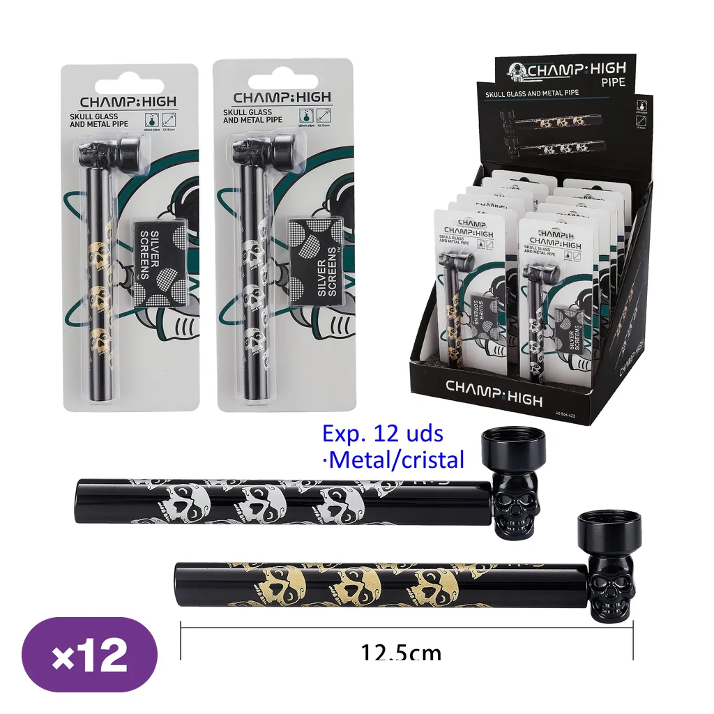 Pipas Champ High Skull de 12,5 cm con calaveras blancas o doradas, cazoleta con forma de cráneo y presentación en blíster y expositor.