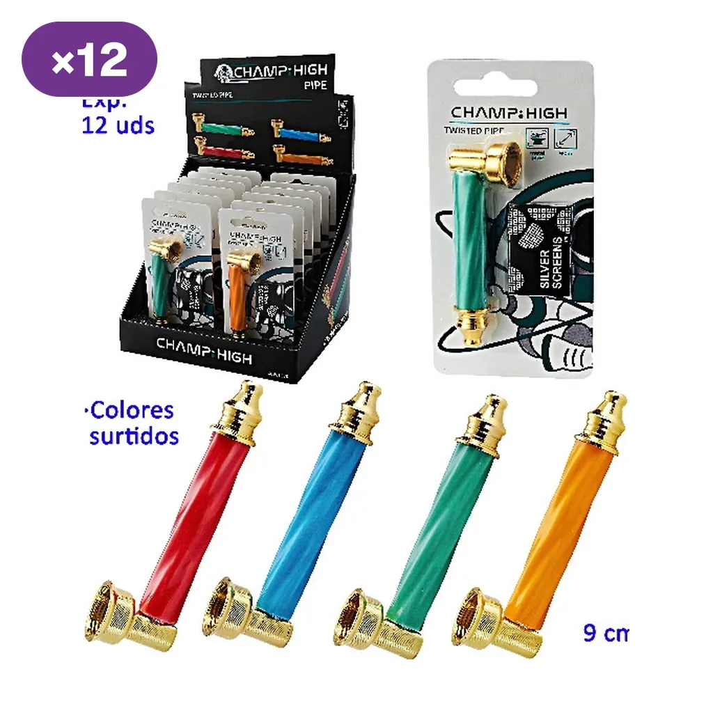 Selección de pipas Champ High Twisted de 9 cm en rojo, azul, verde y naranja, con extremos dorados, blíster y expositor.