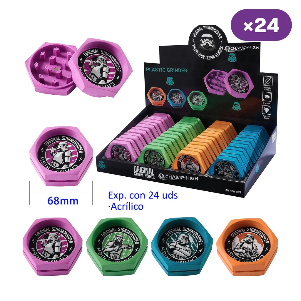 Expositor de grinders hexagonales Champ High Stormtrooper en rosa, verde, azul y naranja, con una unidad abierta y el texto «×24».