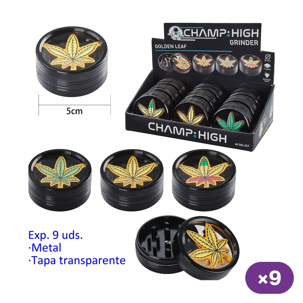 Grinders negros Champ High Golden Leaf con tapa transparente y hojas de colores, mostrados cerrados, abiertos y en expositor.