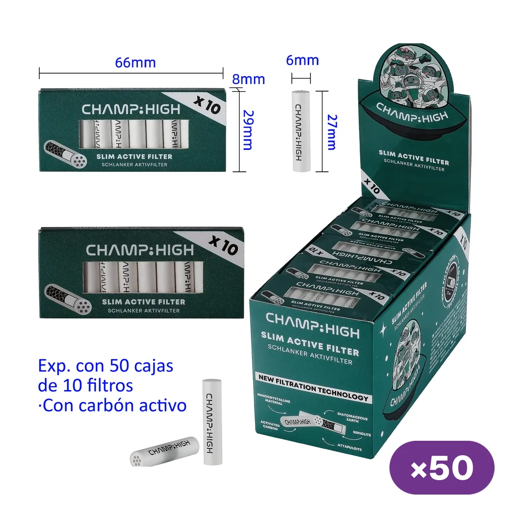 Expositor verde de filtros Champ High Slim con estuches de diez, filtros blancos sueltos y distintivo de cincuenta cajas.